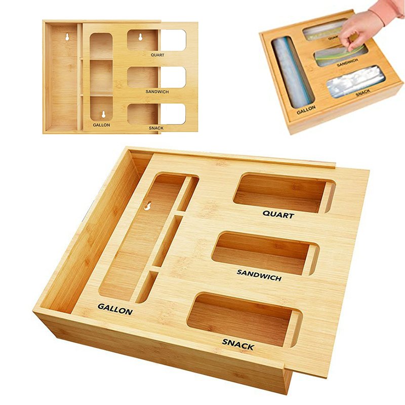Magnetic Slide Top Bamboo Ziplock Storage Box Kitchen Ziplock Bag Storage Drawer Organizer Bamboo Storage Boxes & Bins