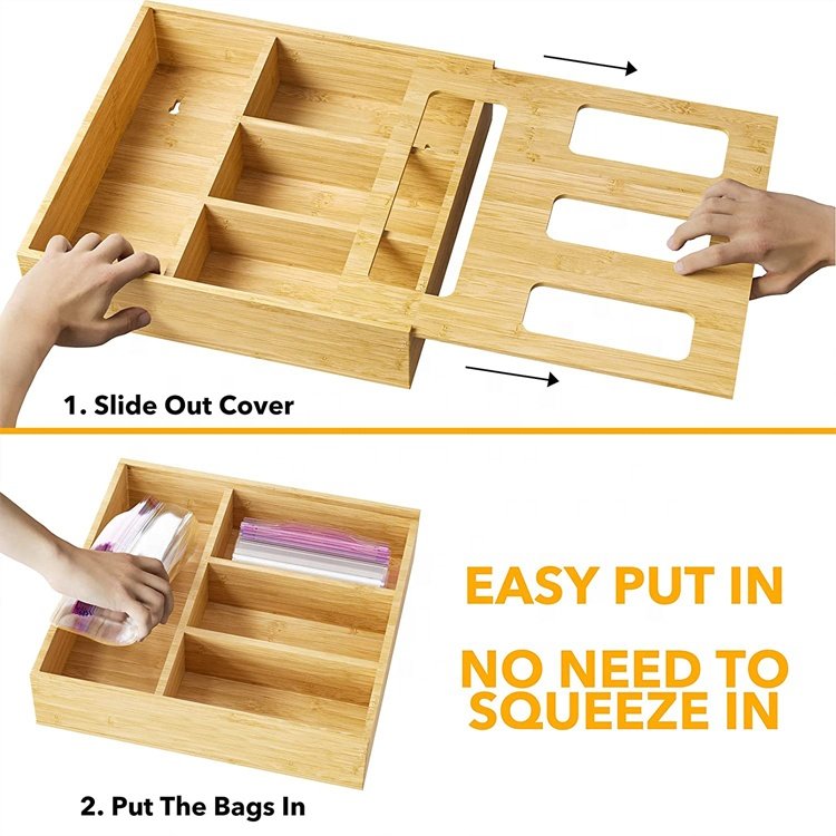 Magnetic Slide Top Bamboo Ziplock Storage Box Kitchen Ziplock Bag Storage Drawer Organizer Bamboo Storage Boxes & Bins