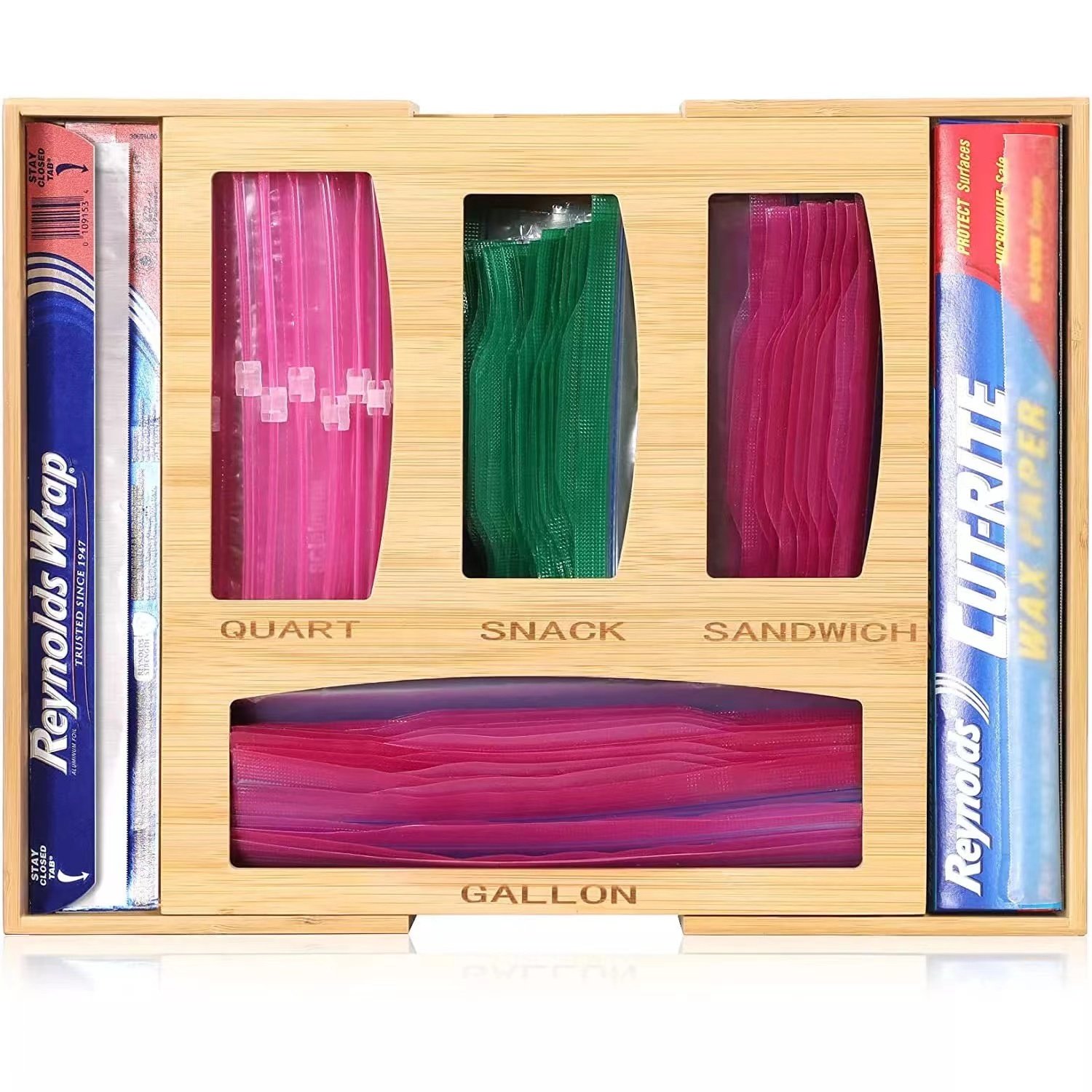 Magnetic Slide Top Bamboo Ziplock Storage Box Kitchen Ziplock Bag Storage Drawer Organizer Bamboo Storage Boxes & Bins