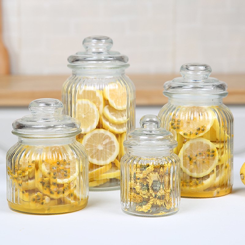 New Design Home Decor Empty Clear Vertical Stripes 230ml 650ml 950ml 1250ml Glass Food Storage Jar For Candy With Glass Lids