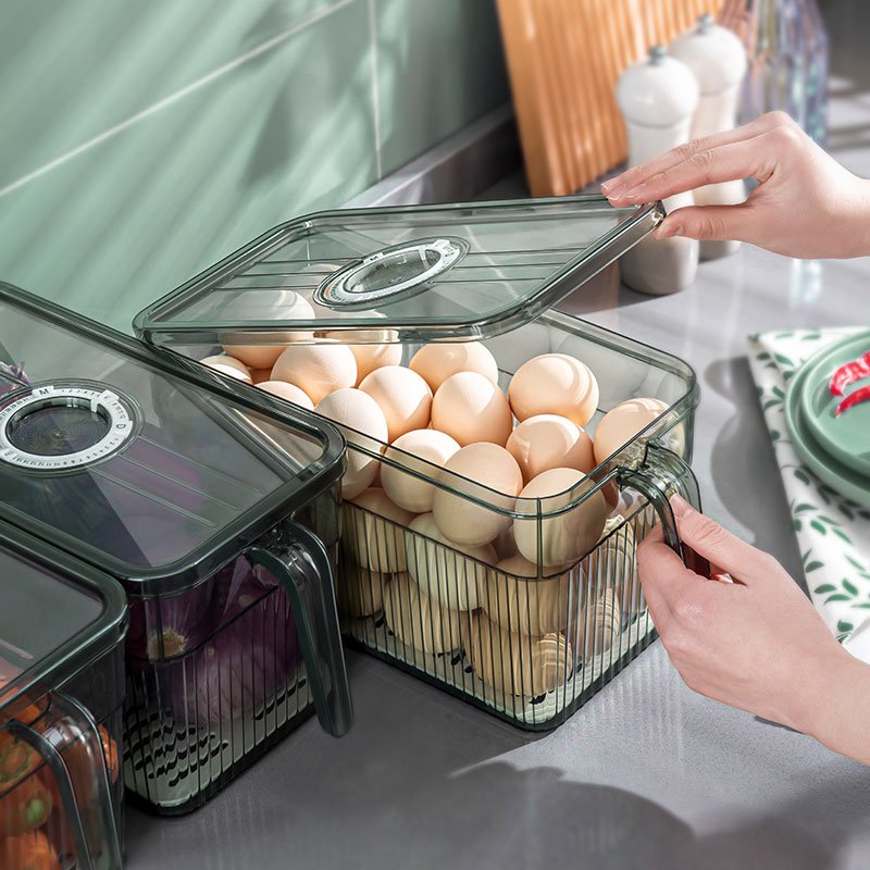 Plastic Food Storage Box Kitchen Refrigerator Container Egg Snack Fresh Vegetables Fruit Organizer With Handle Lid For Home Use