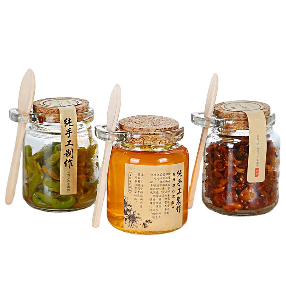 Wholesale 100ml 250ml Glass Round Seasoning Salt Spice Glass Bottle Jar with Wooden Cork and Spoon