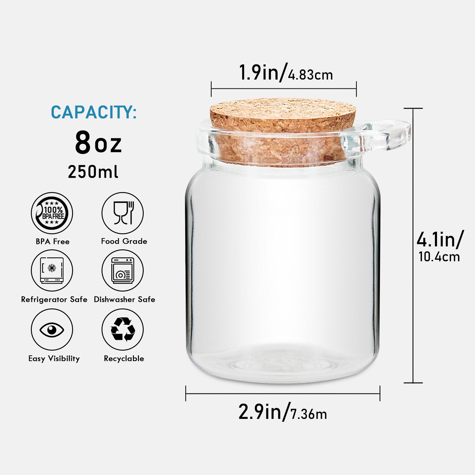 Wholesale 100ml 250ml Glass Round Seasoning Salt Spice Glass Bottle Jar with Wooden Cork and Spoon