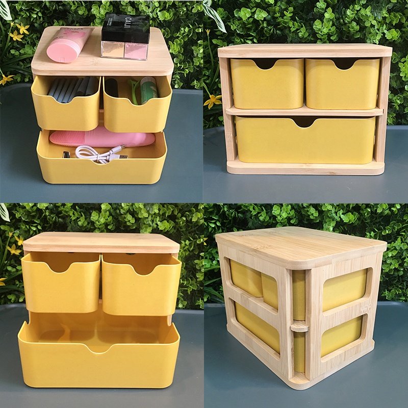 NO PLASTIC Eco-friendly Bamboo Fiber Drawer Cosmetic Makeup Storage Organizer Box Desktop Drawers Set For Girl Beauty Storage