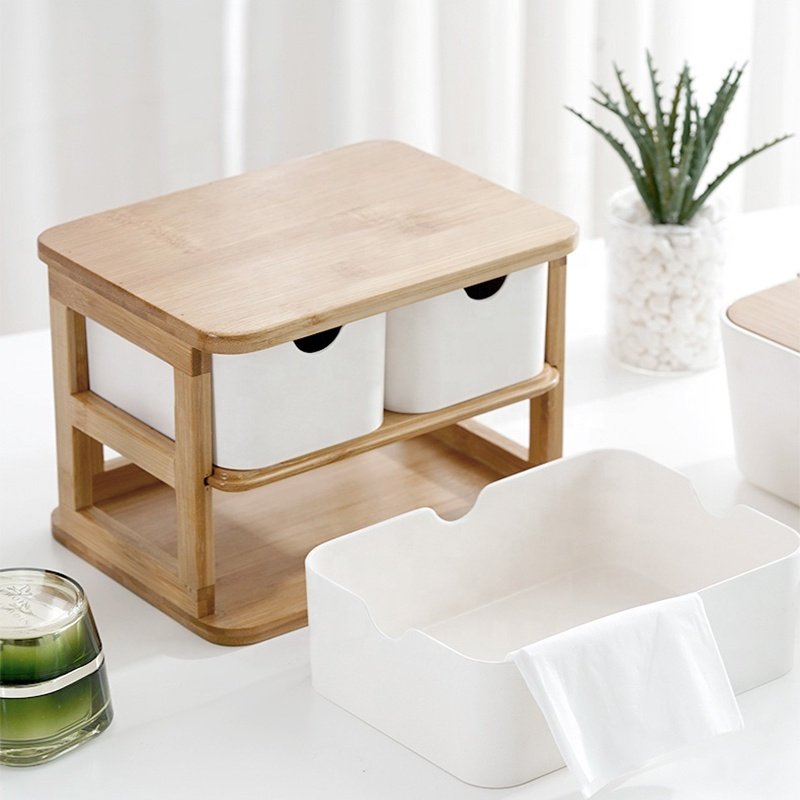 NO PLASTIC Eco-friendly Bamboo Fiber Drawer Cosmetic Makeup Storage Organizer Box Desktop Drawers Set For Girl Beauty Storage