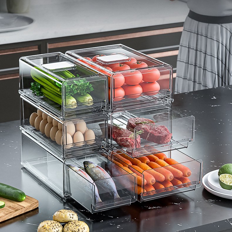 high quality PET stackable transparent pull out drawer fridge clear storage box