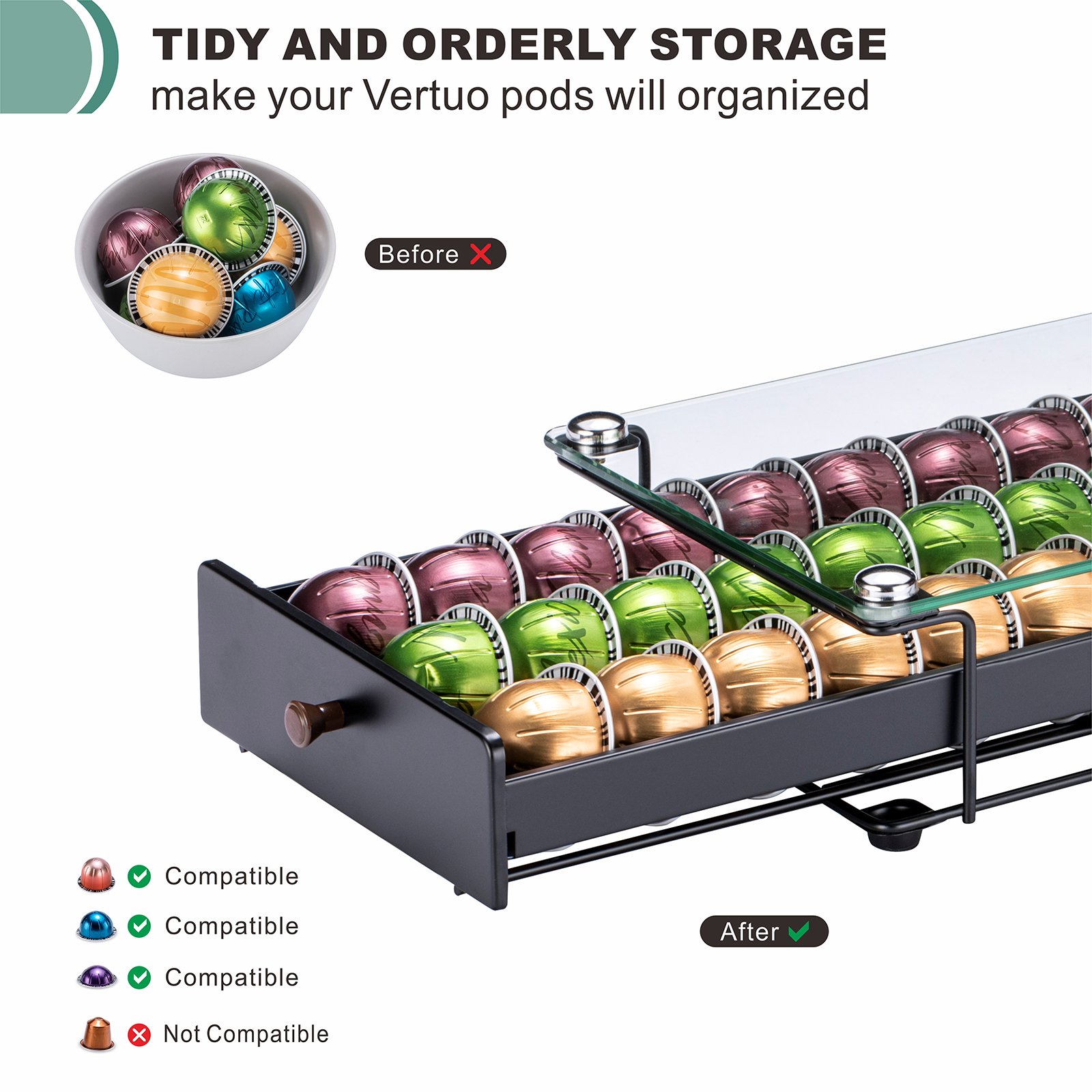 New Design Kitchen Storage Drawer Box 30pcs Nespresso Pod Holder Vertuoline Tempered Glass Top Metal Folding Handle Convenient
