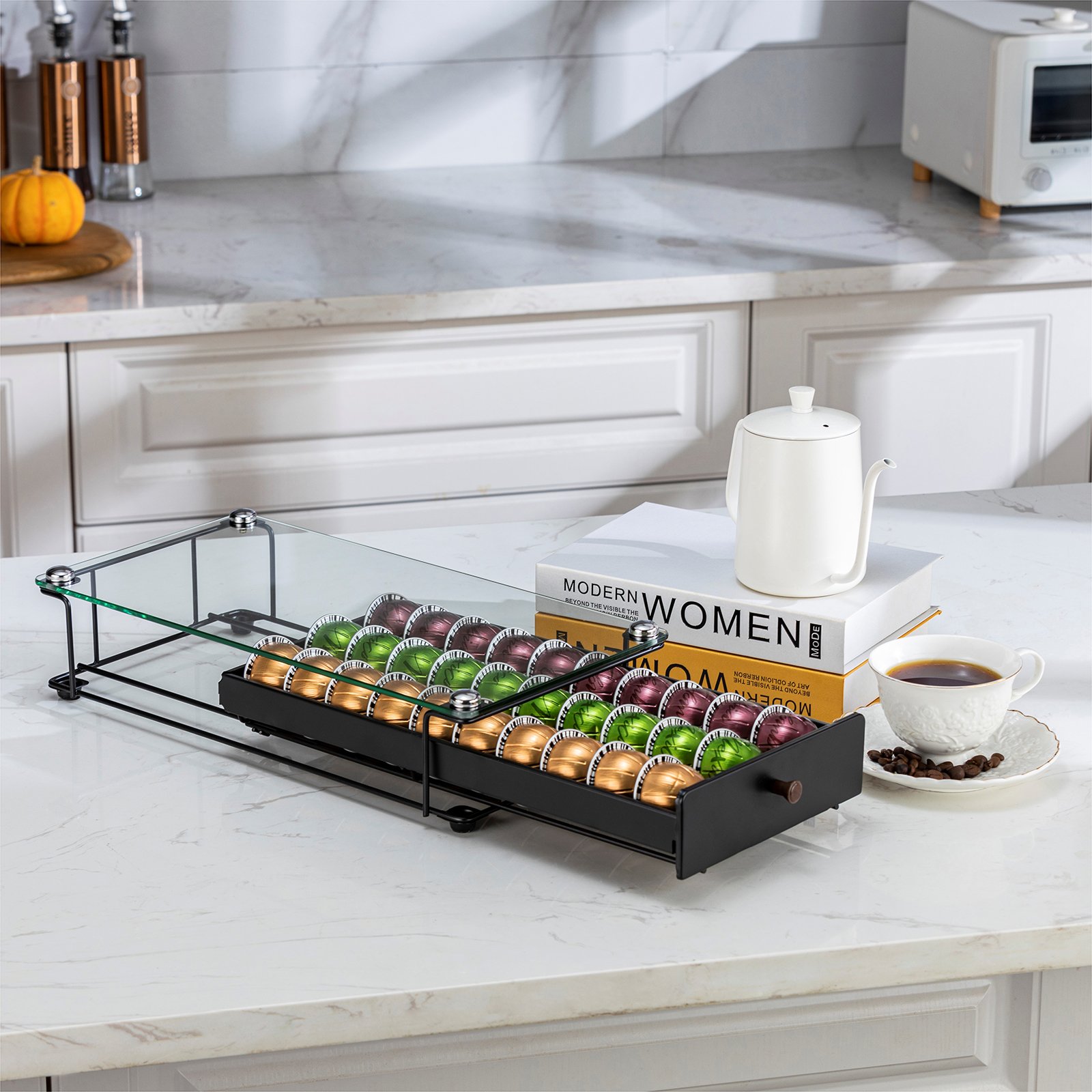 New Design Kitchen Storage Drawer Box 30pcs Nespresso Pod Holder Vertuoline Tempered Glass Top Metal Folding Handle Convenient
