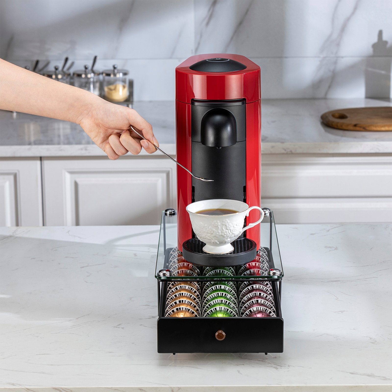 New Design Kitchen Storage Drawer Box 30pcs Nespresso Pod Holder Vertuoline Tempered Glass Top Metal Folding Handle Convenient
