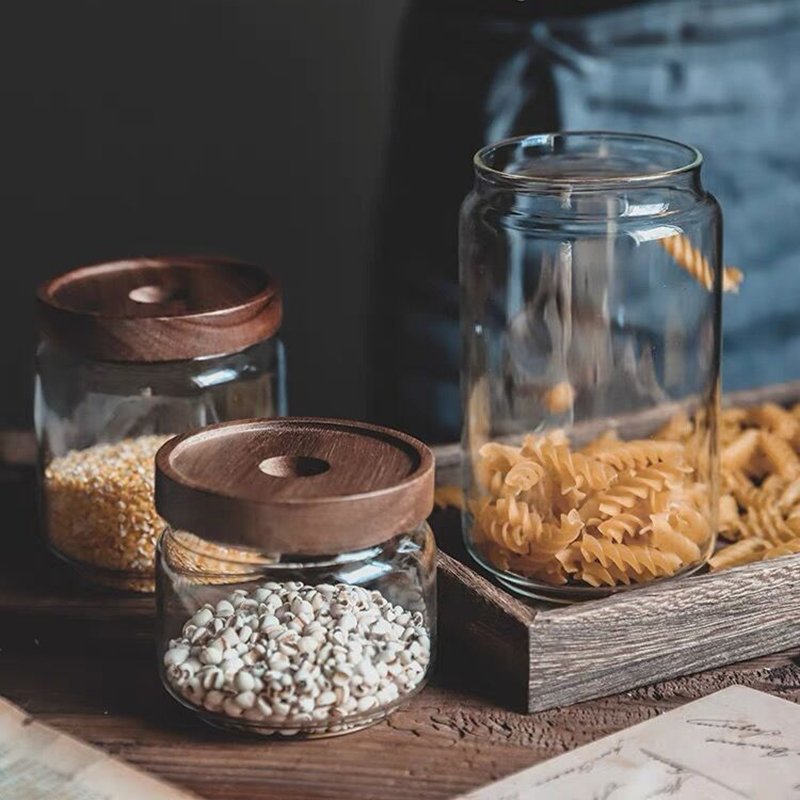 1250ml Glass storage jar with lids custom kitchen glass food storage container mason spice jar acacia cover jars