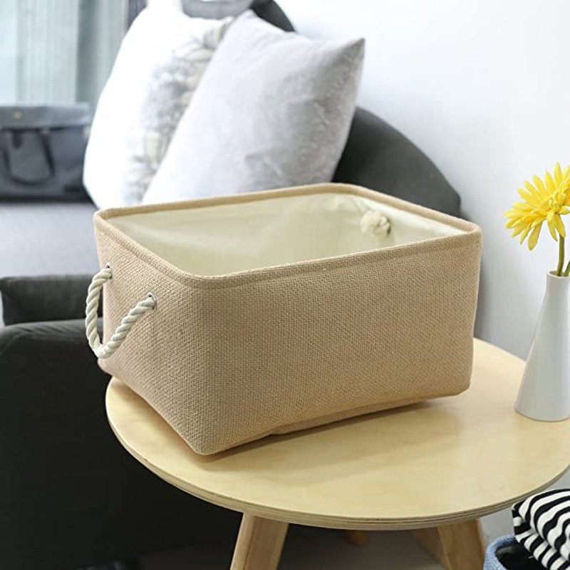 Homeplus New design Linen Cubby Bins Foldable Box Fabric Storage Cubes with macrame cord handle for Toy Books and Clothes