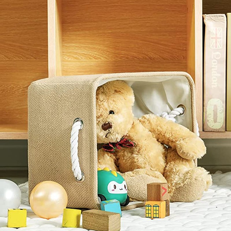 Homeplus New design Linen Cubby Bins Foldable Box Fabric Storage Cubes with macrame cord handle for Toy Books and Clothes