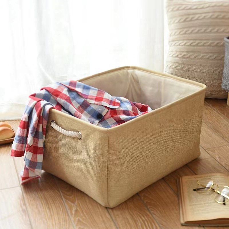 Homeplus New design Linen Cubby Bins Foldable Box Fabric Storage Cubes with macrame cord handle for Toy Books and Clothes