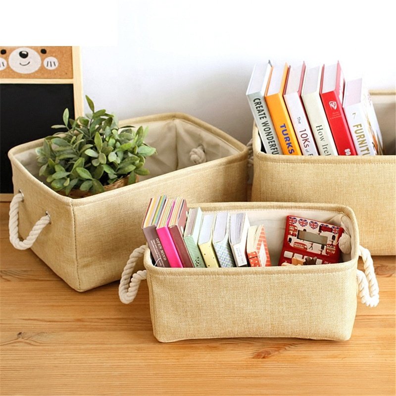 Homeplus New design Linen Cubby Bins Foldable Box Fabric Storage Cubes with macrame cord handle for Toy Books and Clothes