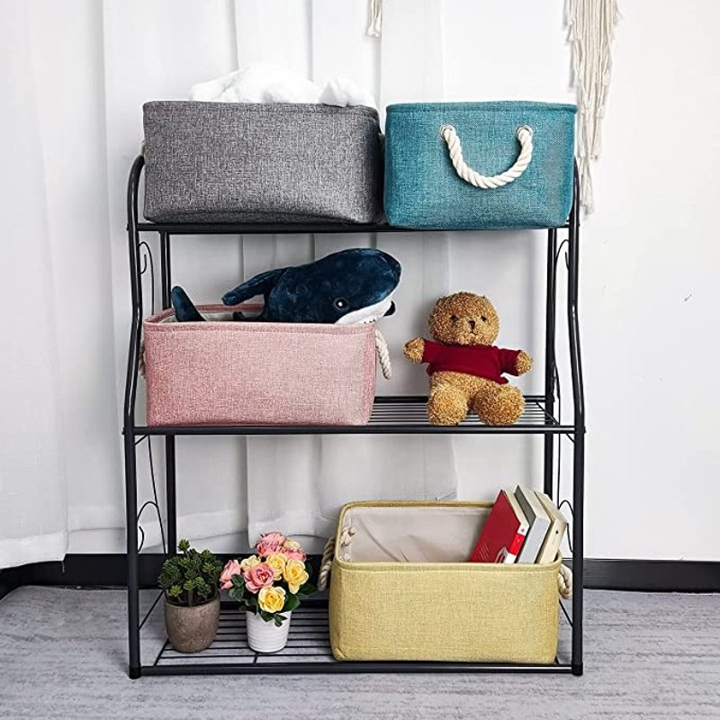 Homeplus New design Linen Cubby Bins Foldable Box Fabric Storage Cubes with macrame cord handle for Toy Books and Clothes