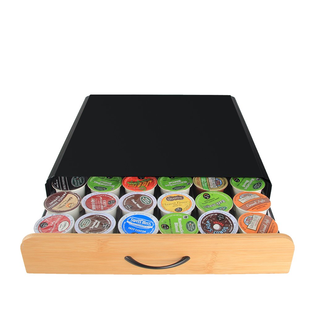 Counter Top Bamboo Drawer with Metal Coffee Pod Holder New Design Kitchen Storage Organizer Box for K-Cup Food Serving Use