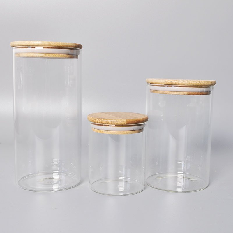Sample Available Bamboo Wooden Lid Glass Airtight Storage Container Food Glass Jars