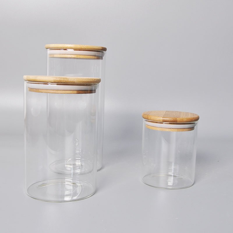 Sample Available Bamboo Wooden Lid Glass Airtight Storage Container Food Glass Jars