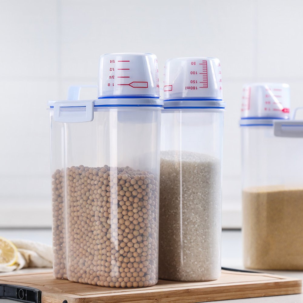 2KG Sustainable Plastic Airtight Food Container Grain Cereal Rice Dispenser With Measuring Cup