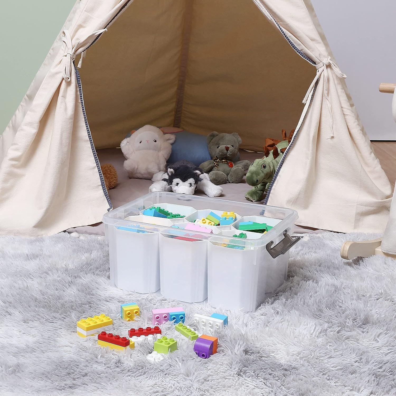 Multipurpose Stackable Plastic Storage Compartment Container Bins Organizer With Lid 6 Detachable Inserts Clear Storage Box