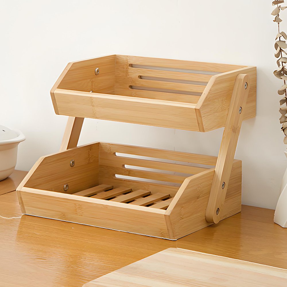 Eco-friendly Kitchen Countertop Organizer Vegetable Storage Stand Fruit Basket Bowl 2 Layer Fruit Bamboo Storage Basket