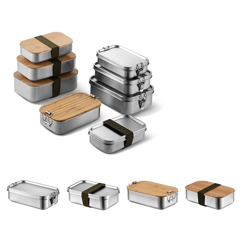 304 Stainless Steel Lunch Box With Bamboo Lid & Buckle or Bandage For Food Container Storage Box With Lids For Teenagers Adult
