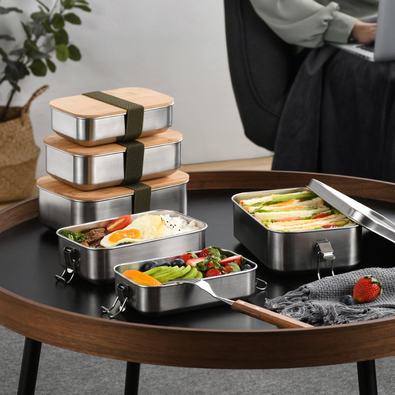 304 Stainless Steel Lunch Box With Bamboo Lid & Buckle or Bandage For Food Container Storage Box With Lids For Teenagers Adult