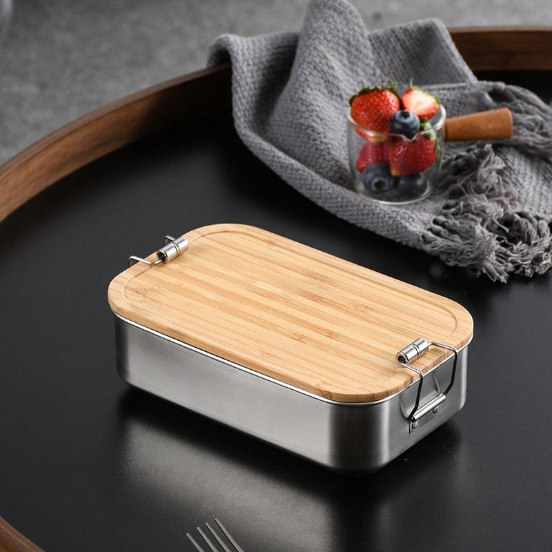 304 Stainless Steel Lunch Box With Bamboo Lid & Buckle or Bandage For Food Container Storage Box With Lids For Teenagers Adult