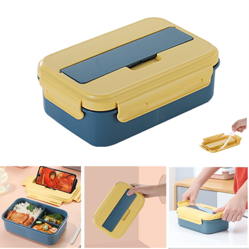 Microwave Safe Bento Box Food Container Rectangle Three compartment Lunch Box with Stainless Steel or PP Tableware