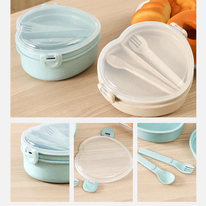 Heart Shape Eco-friendly Airtight Microwave Personalized Plastic Wheat Straw Food Storage & Container Bento Lunch Box Kids