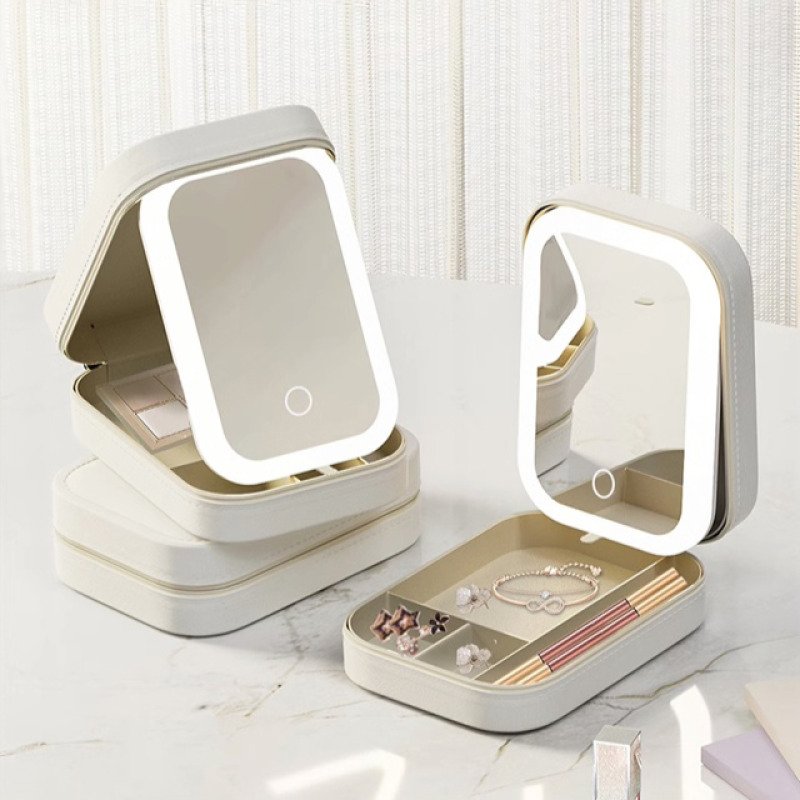 Portable Cosmetics Storage Box Make-up Mirror With Light Waterproof Dustproof Bathroom Storage Rack Organizer Travel Set