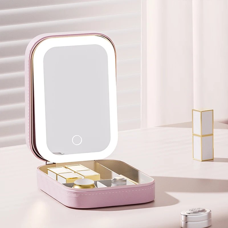 Portable Cosmetics Storage Box Make-up Mirror With Light Waterproof Dustproof Bathroom Storage Rack Organizer Travel Set