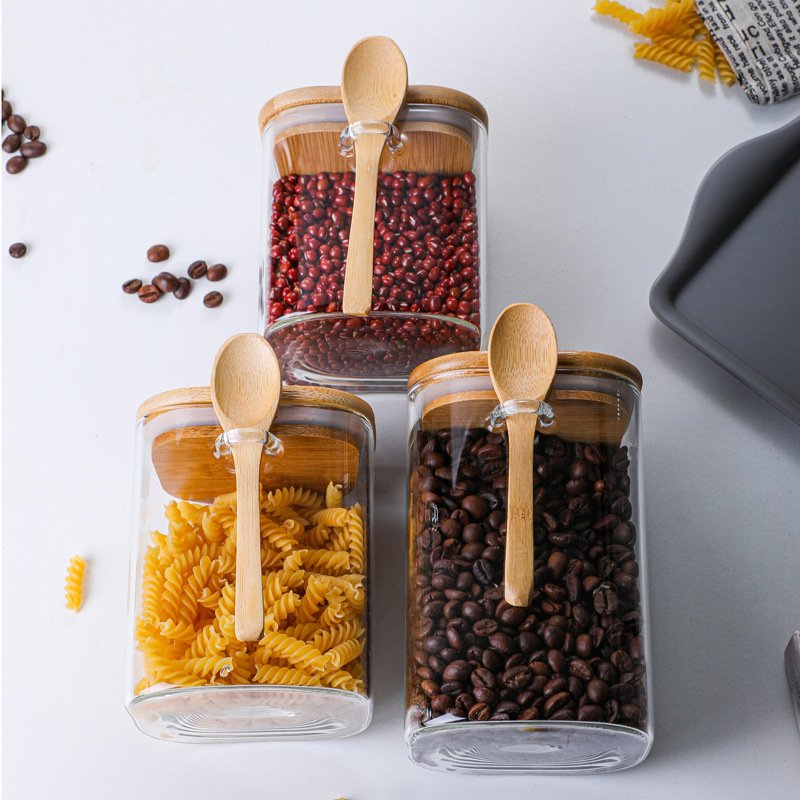 Food Storage Kitchen Food Square glass jar with bamboo lid and spoon