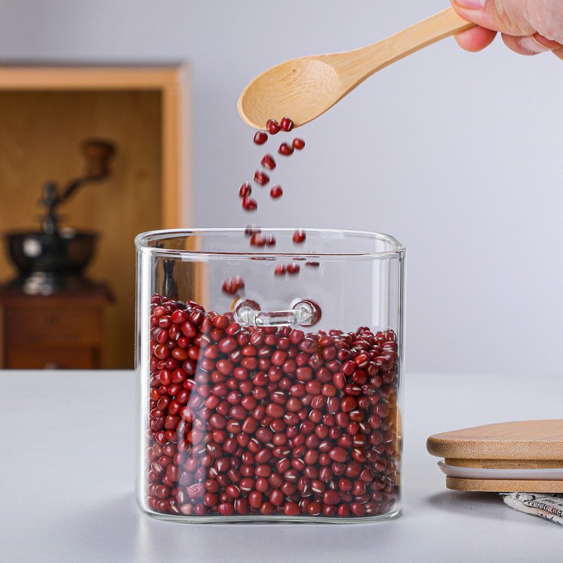 Food Storage Kitchen Food Square glass jar with bamboo lid and spoon