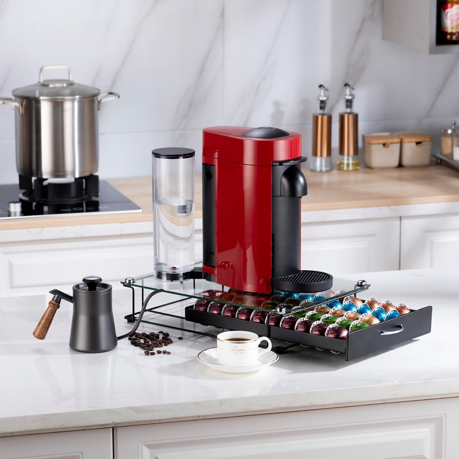 Nespresso Vertuo Coffee Pod Holder Multifunctional Metal Storage Box Crystal Tempered Glass Top Drawer Kitchen Use OEM Design
