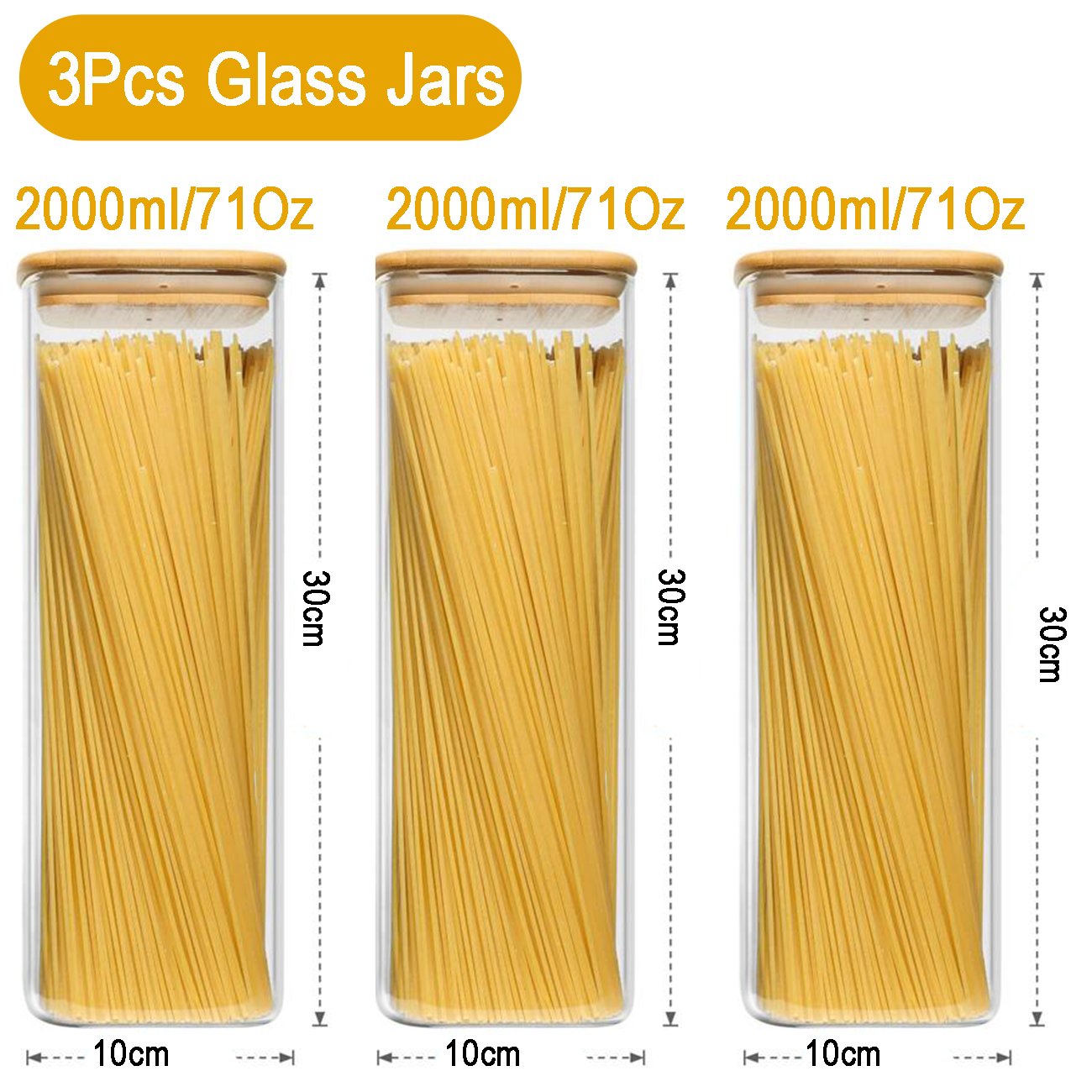 Set of 3 Clear Glass Spaghetti Pasta Storage Jars 2000ml/71OZ Airtight Food Container with Bamboo Lids for Honey Sugar Storage