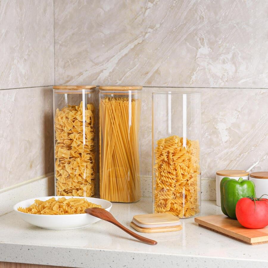 Set of 3 Clear Glass Spaghetti Pasta Storage Jars 2000ml/71OZ Airtight Food Container with Bamboo Lids for Honey Sugar Storage