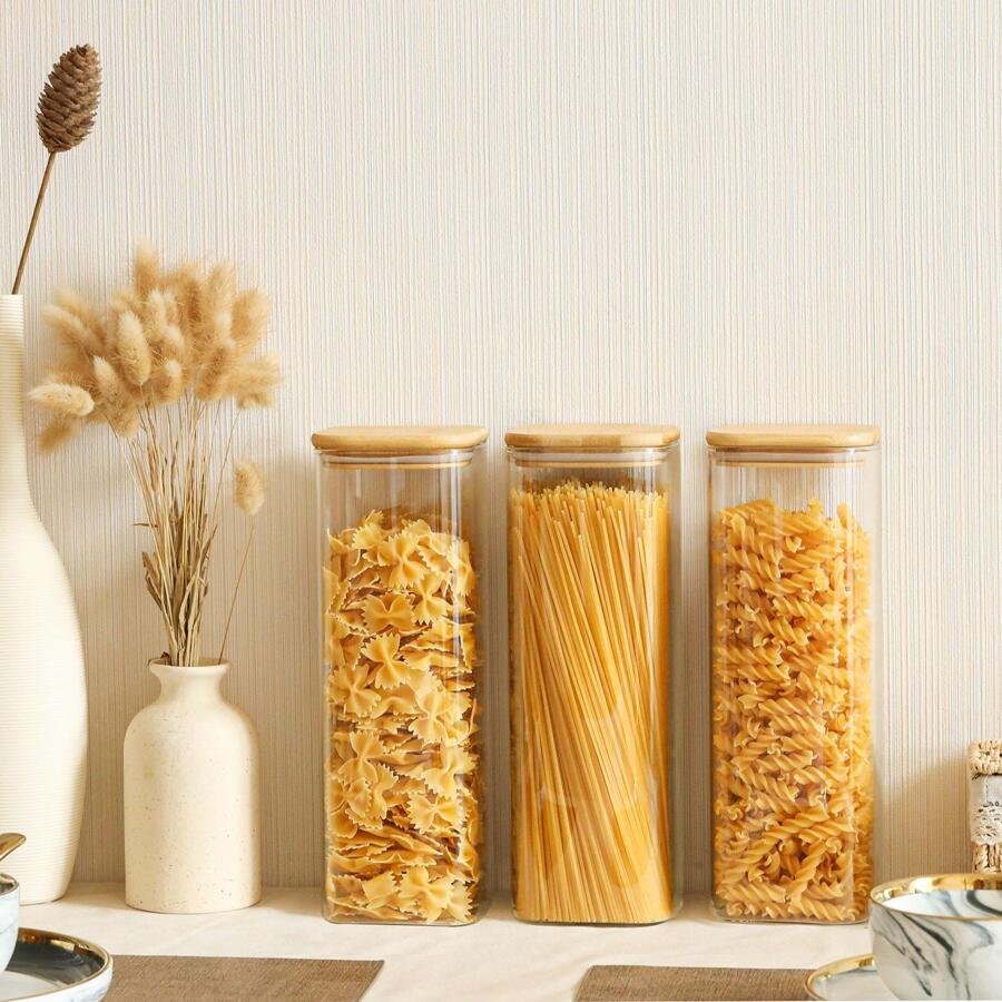 Set of 3 Clear Glass Spaghetti Pasta Storage Jars 2000ml/71OZ Airtight Food Container with Bamboo Lids for Honey Sugar Storage
