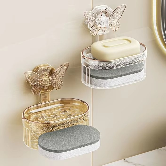 Creative Butterfly Suction Soap Holder Punch Free Bathroom Soap Storage Box Double Layer Soap Box with Drain Board