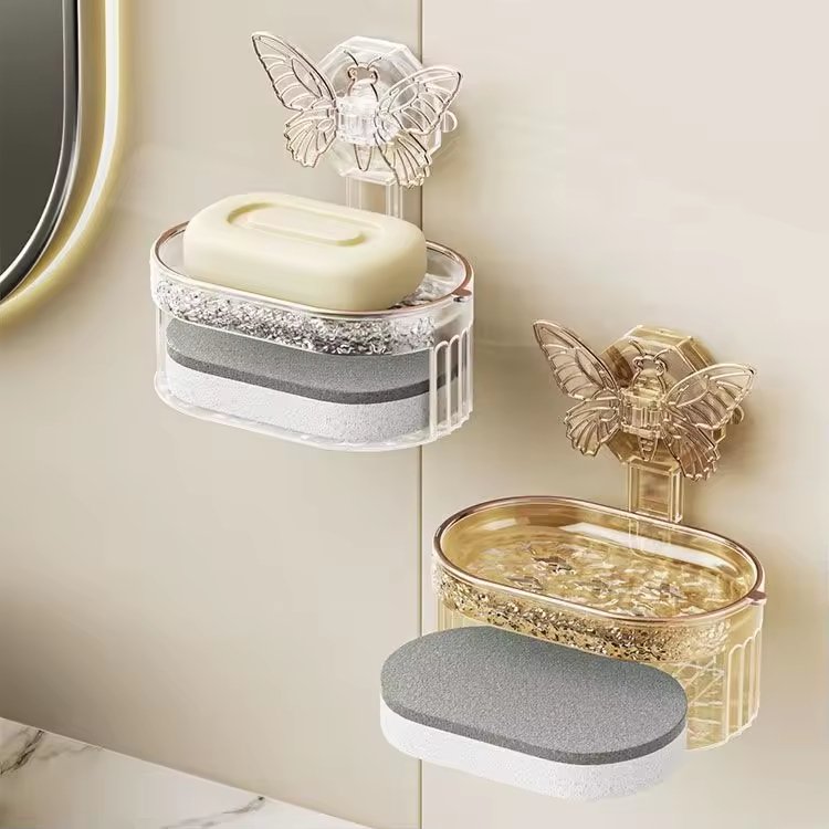 Creative Butterfly Suction Soap Holder Punch Free Bathroom Soap Storage Box Double Layer Soap Box with Drain Board