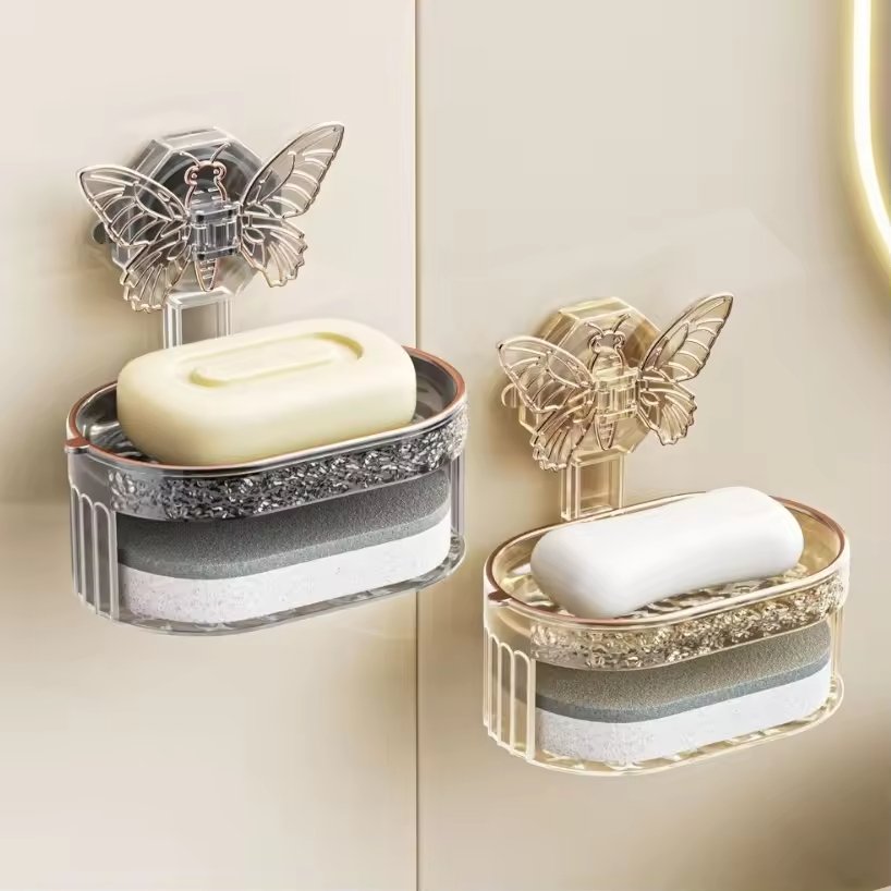 Creative Butterfly Suction Soap Holder Punch Free Bathroom Soap Storage Box Double Layer Soap Box with Drain Board
