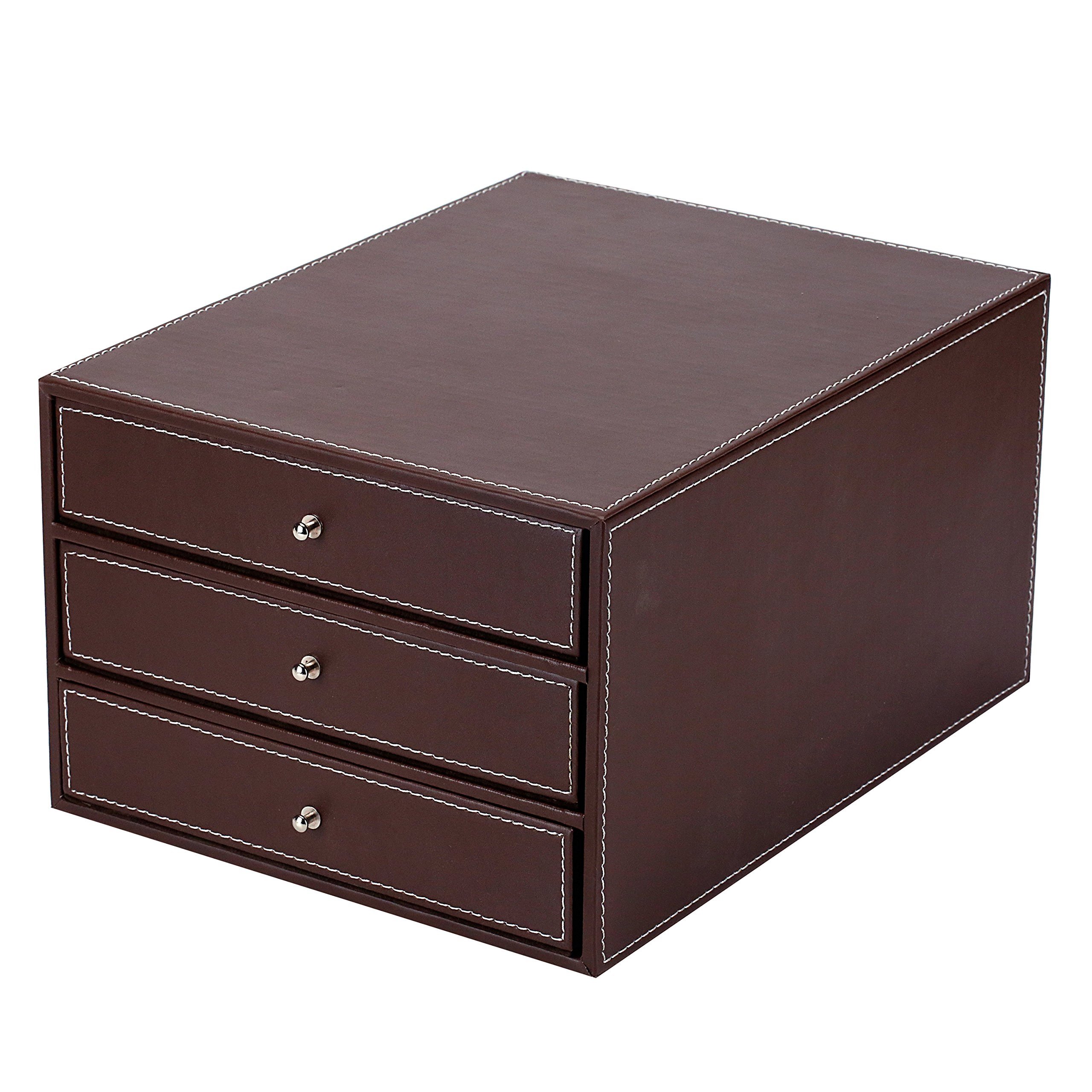 Stackable Faux Leather Desk Organizer with 3 Drawers Executive Office Supplies Desktop Storage Box For Documents