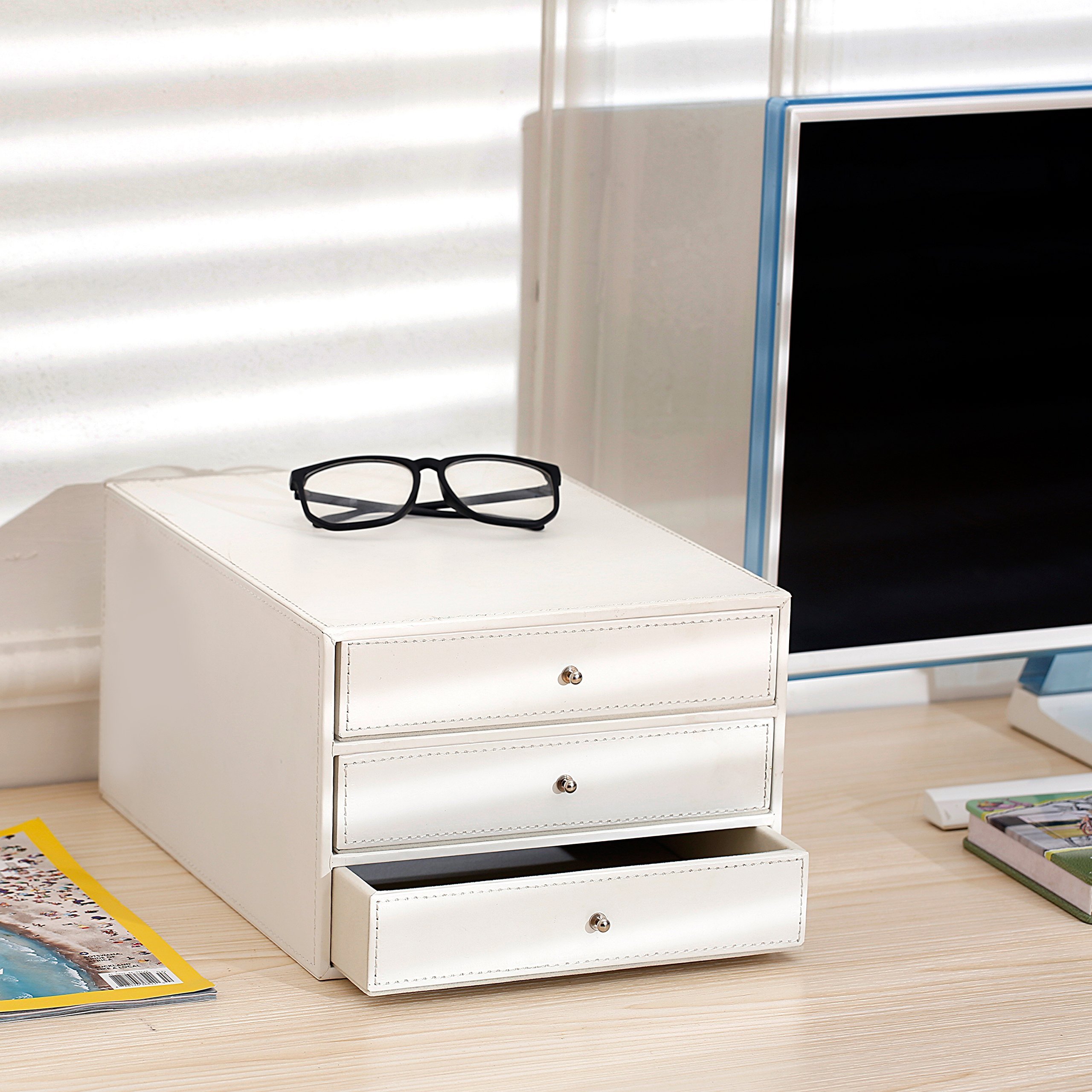 Stackable Faux Leather Desk Organizer with 3 Drawers Executive Office Supplies Desktop Storage Box For Documents
