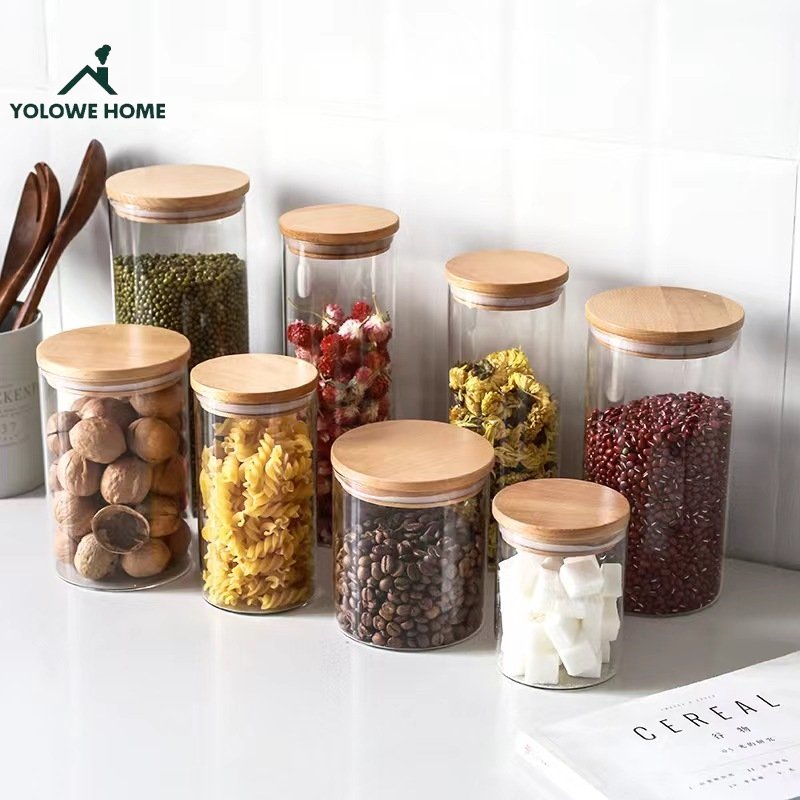 YOLOWE HOME750ML/26ozGlass Kitchen Storage Jar with Bamboo Lid Sealed Food Storage & Container