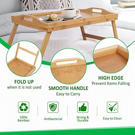 Wholesale Bamboo Bed Tray Table Breakfast Food Tray with Adjustable Handles Folding Laptop Desk,Bamboo Serving Tray for Eating