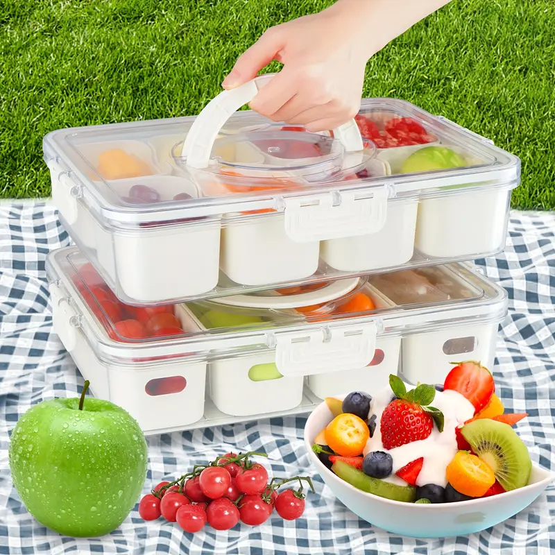 Large Plastic Food Divided Serving Tray with Lid Storage Boxes Containers 8 compartments for Snacks Salads Fruits and Vegetables