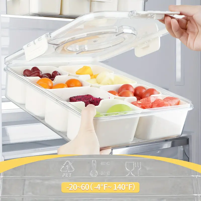 Large Plastic Food Divided Serving Tray with Lid Storage Boxes Containers 8 compartments for Snacks Salads Fruits and Vegetables