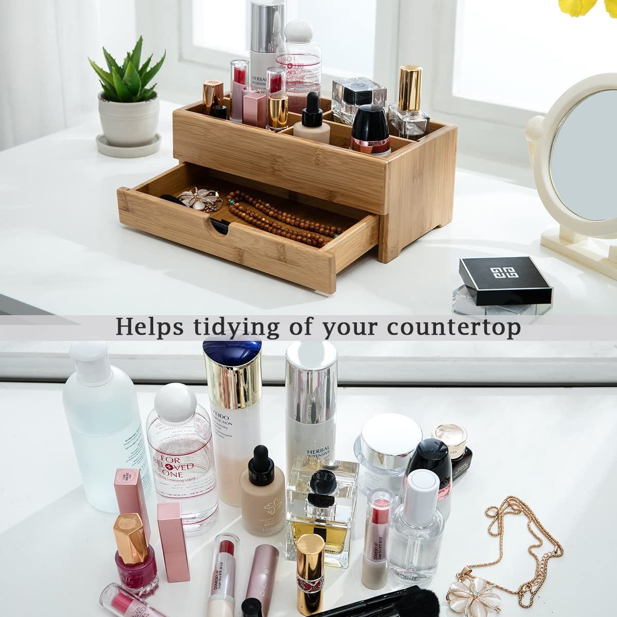 Bamboo Cosmetic Storage Box Bamboo Makeup Organiser With Drawer For Brushes