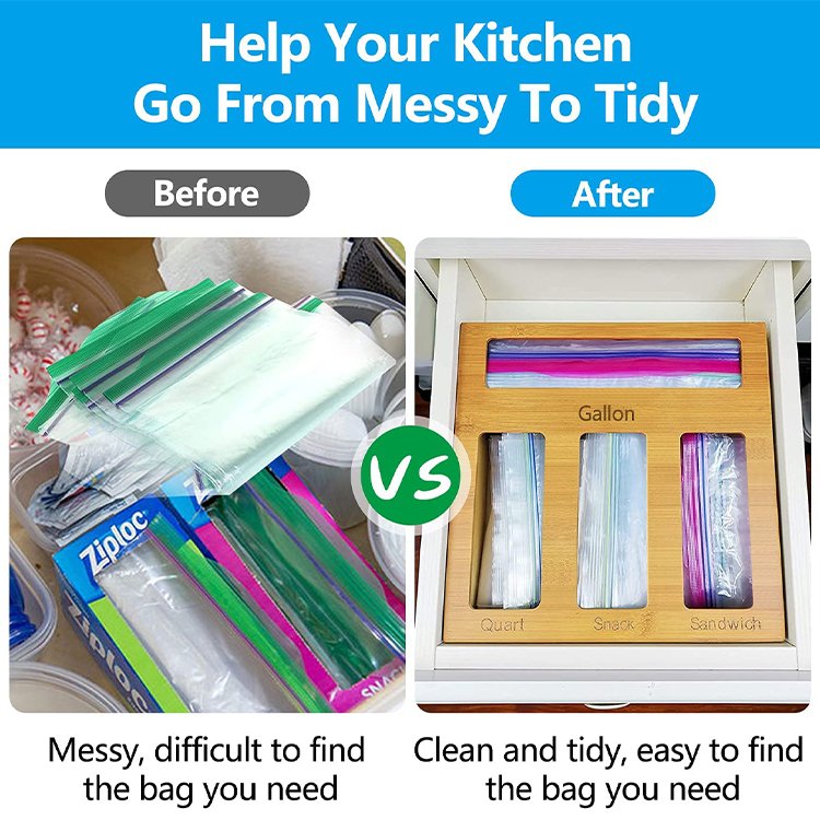 Drawer Organizers Private Label Food Storage Bag Bamboo Ziplock Bag Storage Organizer For Gallon, Quart, Sandwich & Snack