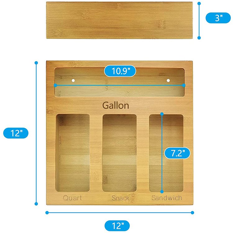 Drawer Organizers Private Label Food Storage Bag Bamboo Ziplock Bag Storage Organizer For Gallon, Quart, Sandwich & Snack